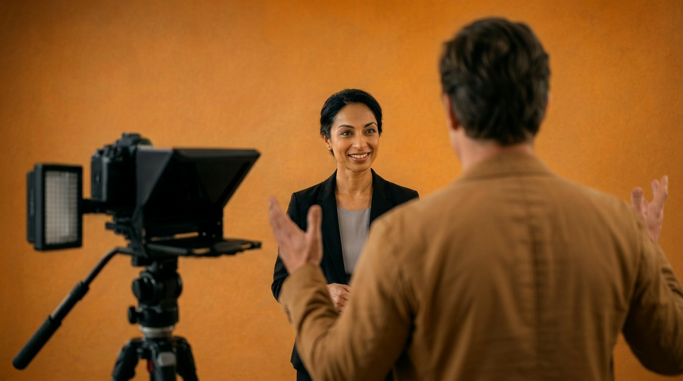 Executive coach at work, calm and present on camera