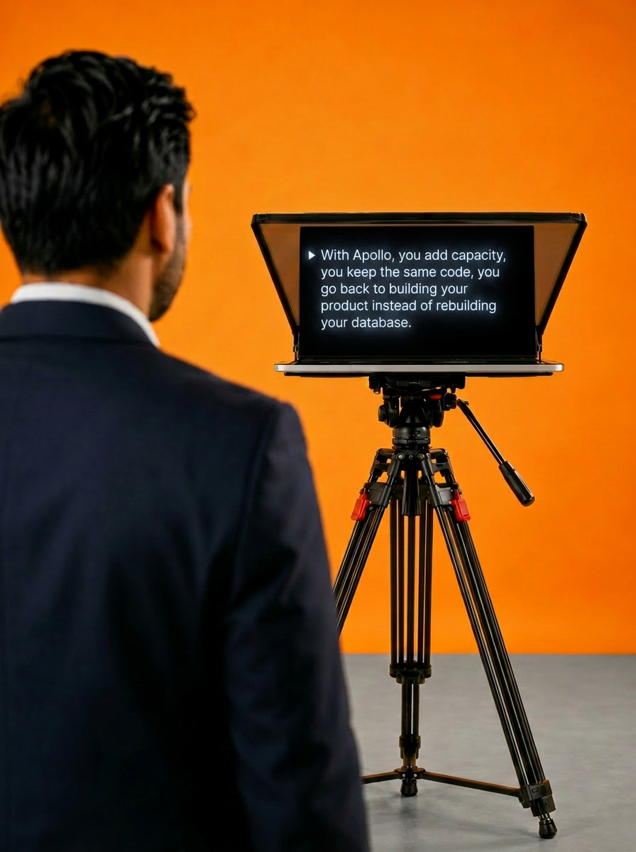 Speaker facing a teleprompter in the studio